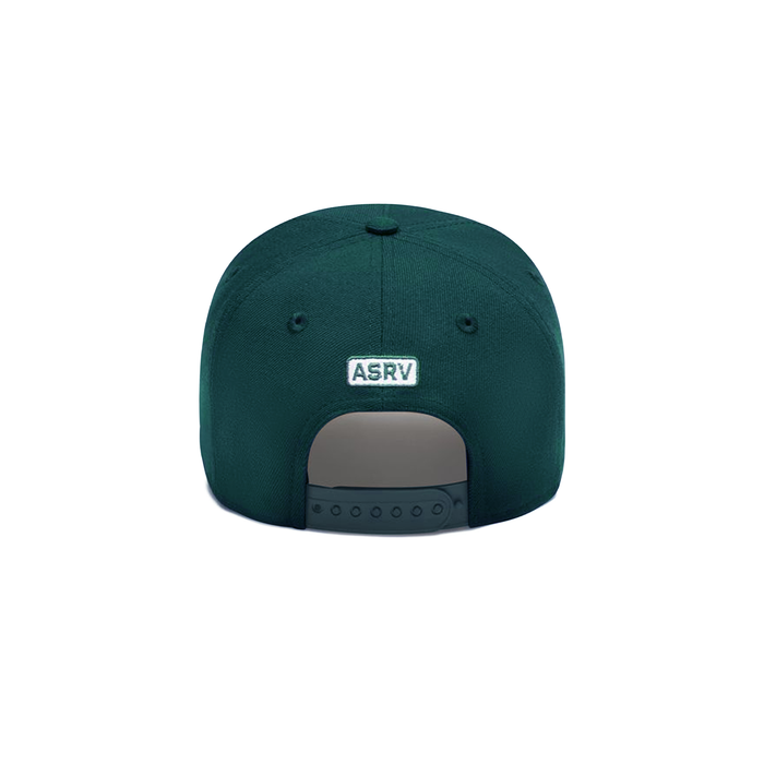flatlay New Era 9Forty A-Frame Hat in pacific green with ASRV logo, back view
