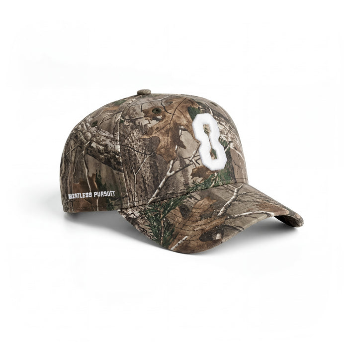 flatlay New Era 9Forty A-Frame Hat in Realtree Camo with white 8 logo, side view
