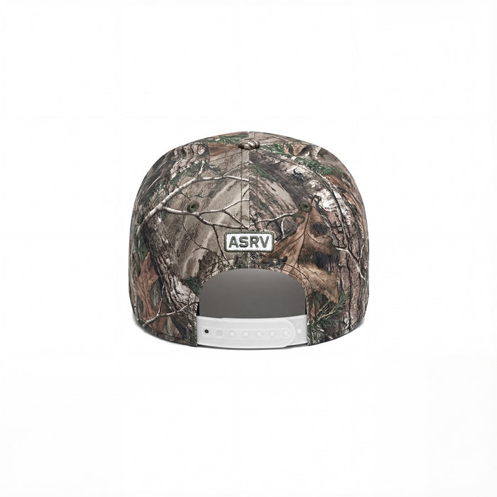 flatlay New Era 9Forty A-Frame Hat in Realtree Camo with white snapback, back view