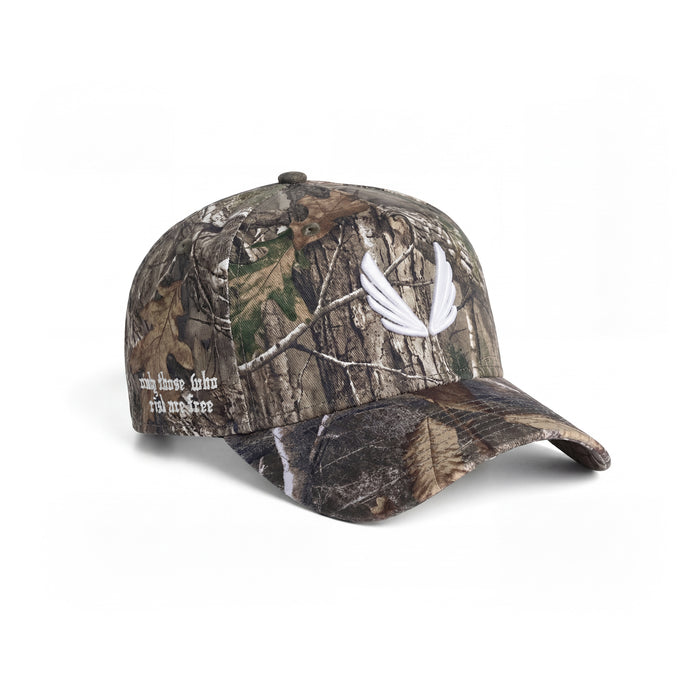 Flatlay of New Era 9Forty A-Frame Hat in Realtree Camo with white logo, angled view