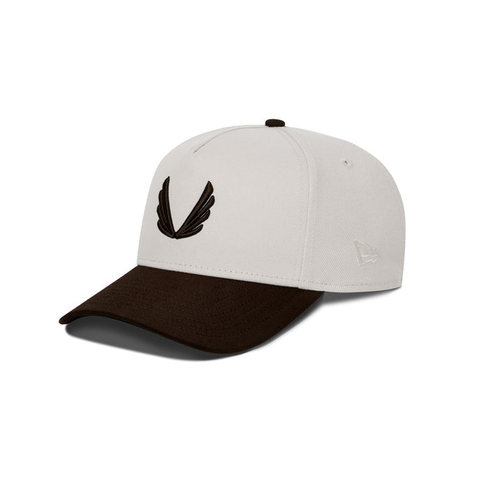 flatlay New Era 9Forty A-Frame Hat in stone and dark earth two-tone, front view