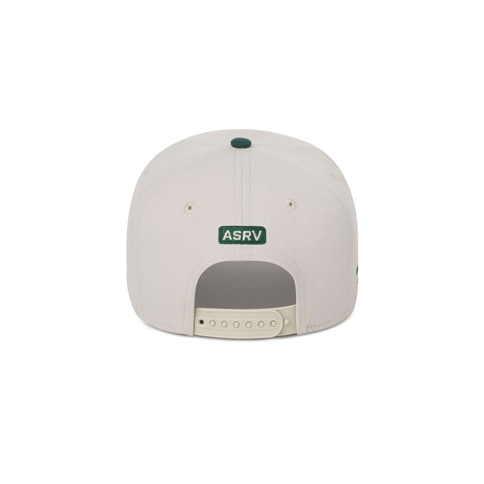 flatlay New Era 9Forty A-Frame Hat in stone and forest green, back view
