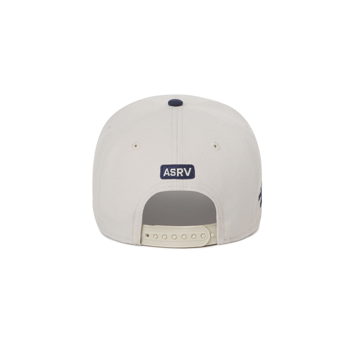 flatlay New Era 9Forty A-Frame Hat in stone and navy, back view