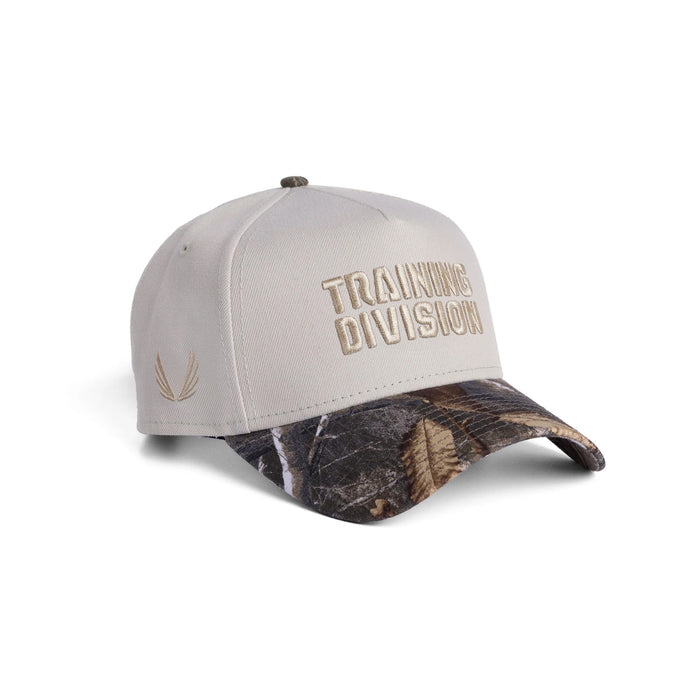 flatlay New Era 9Forty A-Frame Hat in stone and realtree camo, front view