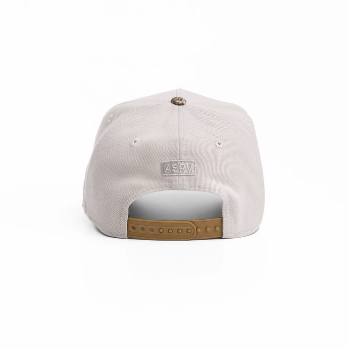 flatlay New Era 9Forty A-Frame Hat in stone with tan suede snapback, back view