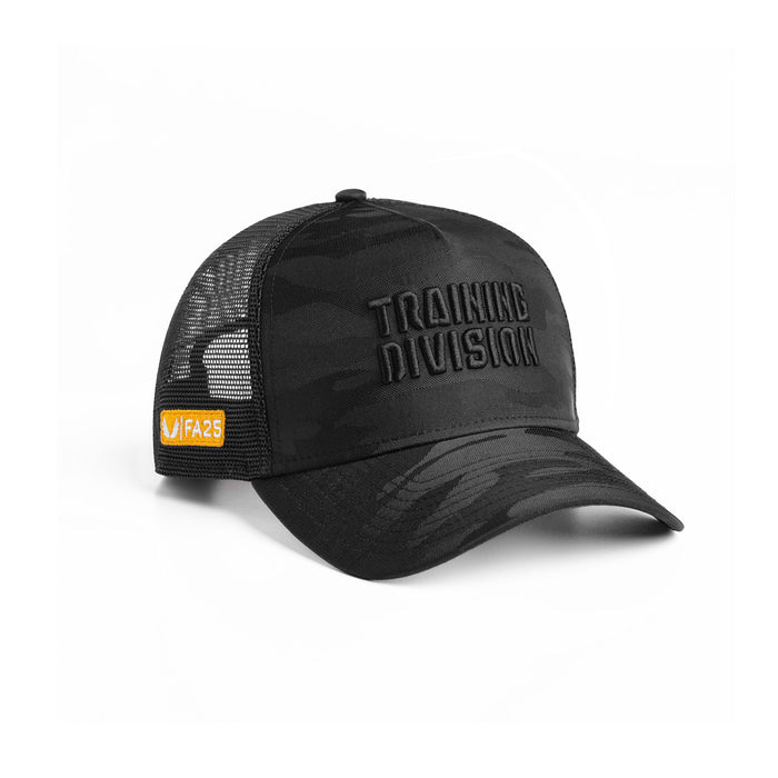 Flatlay of New Era 9Forty Trucker Hat in black camo with mesh back, angled product view