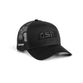 Flatlay of New Era 9Forty A-Frame Trucker Hat in black, angled front view on white background