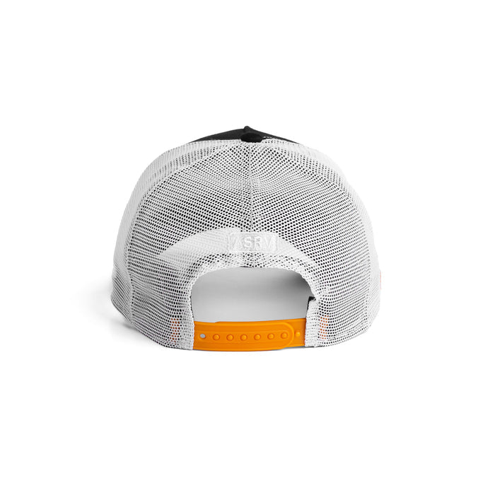 flatlay New Era 9Forty A-Frame Trucker Hat in black, white, and orange, back view