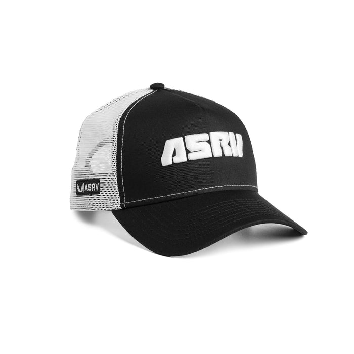 Flatlay of New Era 9Forty A-Frame Trucker Hat in black and white, angled front view