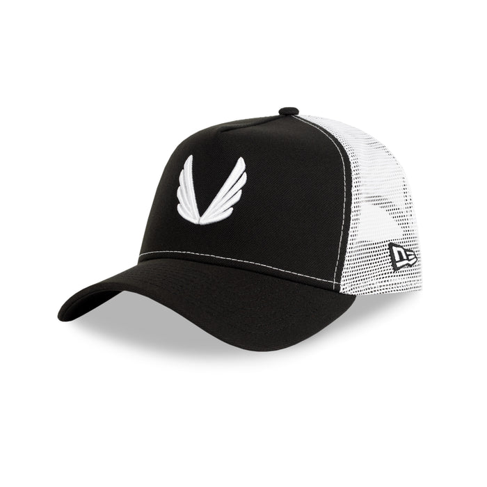 New Era 9Forty A-Frame Trucker Hat in black and white with white wings logo, angled side view