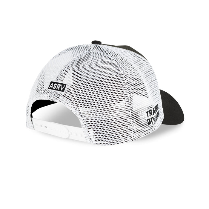 flatlay New Era 9Forty A-Frame Trucker Hat in black and white, back view