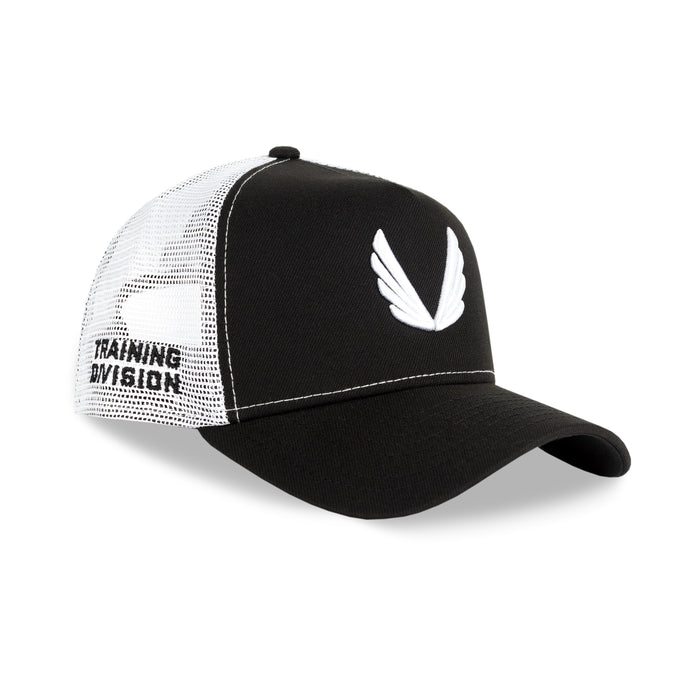 New Era 9Forty A-Frame Trucker Hat in black and white with white wings logo, front angled view