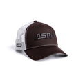 Flatlay of New Era 9Forty A-Frame Trucker Hat in dark brown and white, angled view