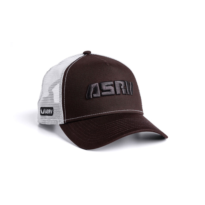 Flatlay of New Era 9Forty A-Frame Trucker Hat in dark brown and white, angled view