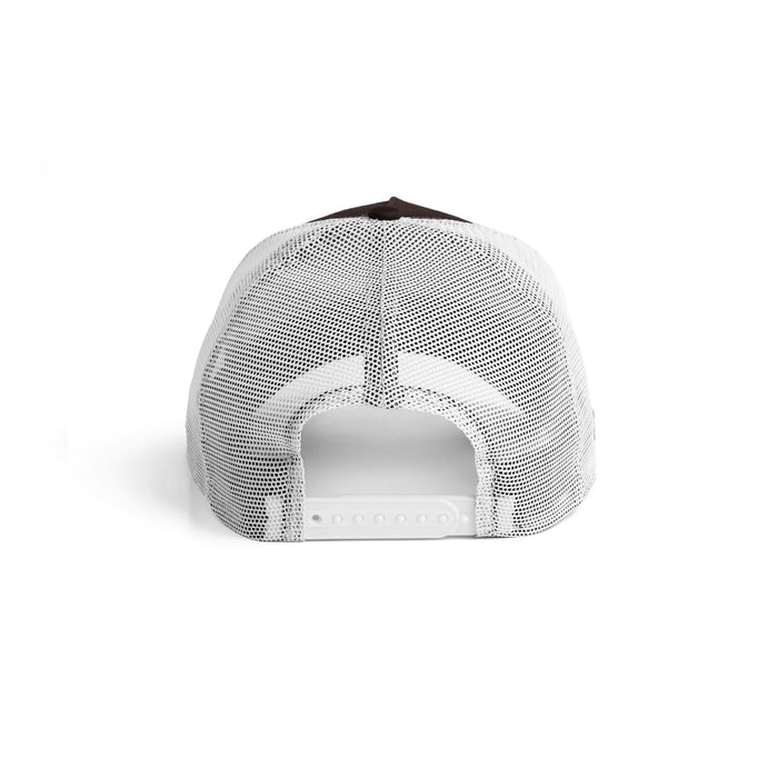 flatlay New Era 9Forty A-Frame Trucker Hat in dark earth and white, back view