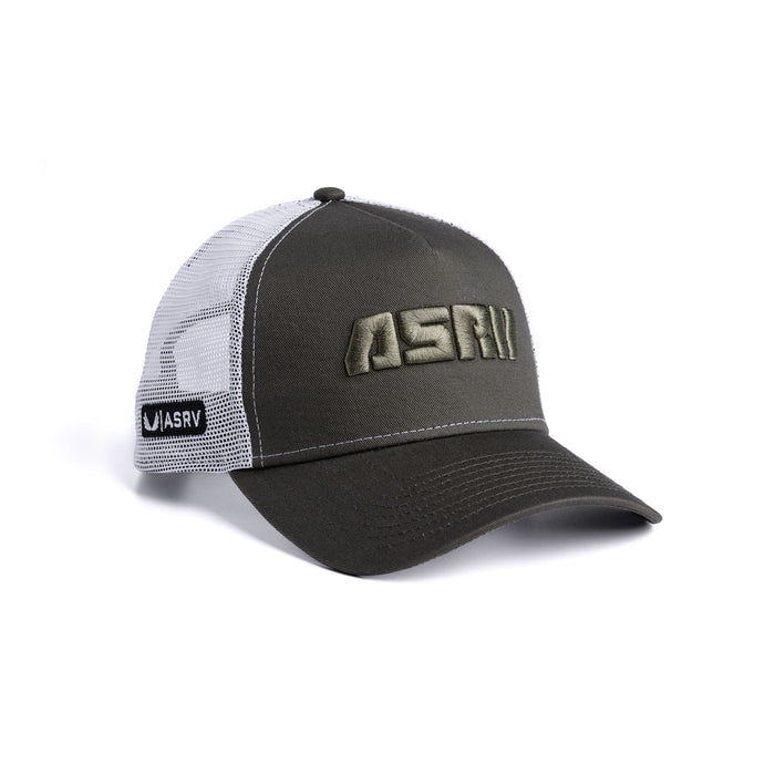 Flatlay of New Era 9Forty A-Frame Trucker Hat in faded olive and white, angled side view