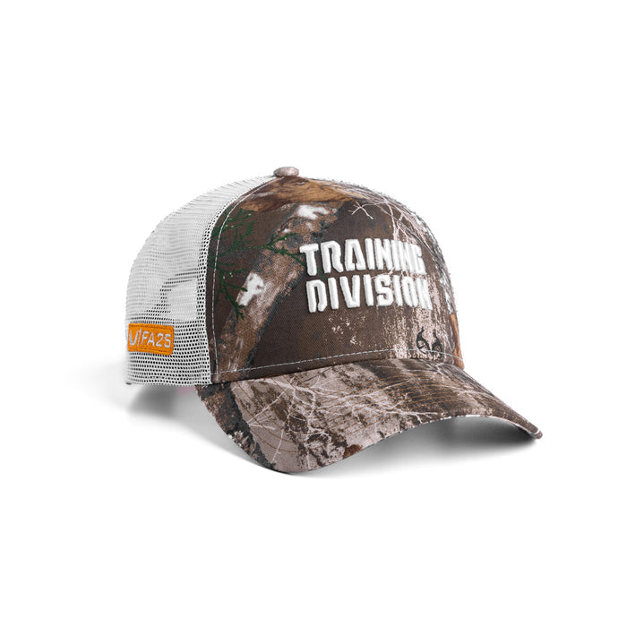 Flatlay of New Era 9Forty A-Frame Trucker Hat in Realtree camo and white with Training Division text, front angle view