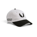 flatlay New Era 9Twenty Strapback Hat in stone and black two-tone with wing logo embroidery, front view
