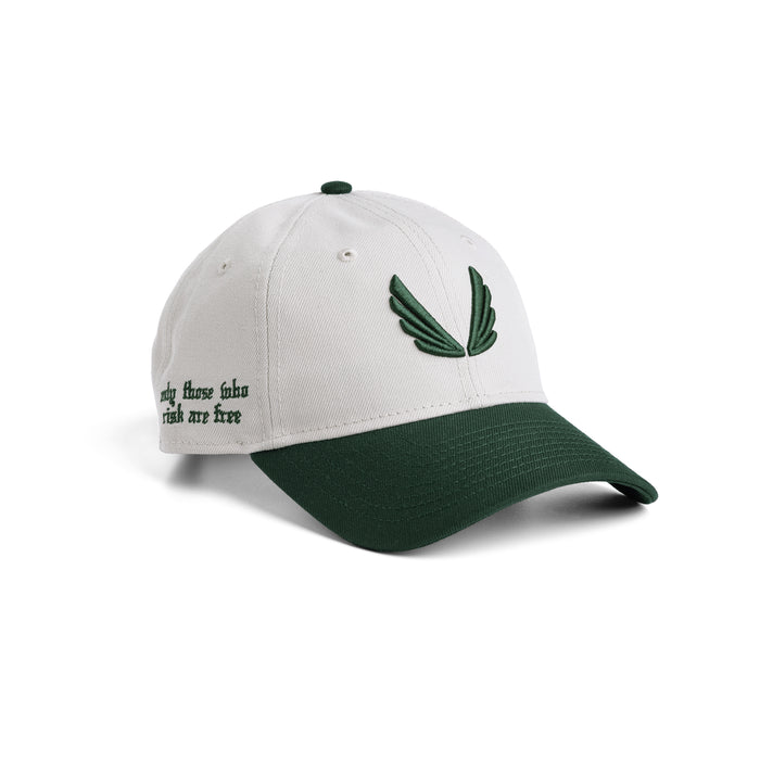 Flatlay of New Era 9Twenty strapback hat in stone and forest green, front and side view