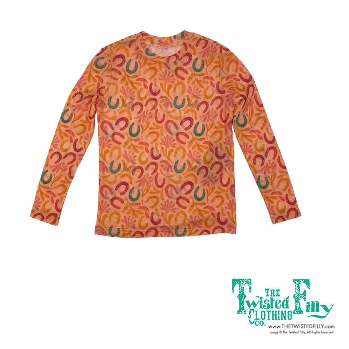 Long sleeve mesh top with floral and horse shoe pattern on orange background