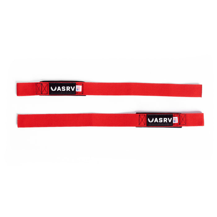 flatlay Padded Lifting Straps in Akira Red, two straps displayed on white background