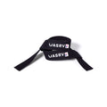 flatlay of black padded lifting straps with VASRV branding, overhead view