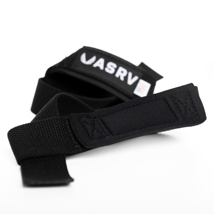 flatlay of black padded lifting straps with ASRV branding, overhead view