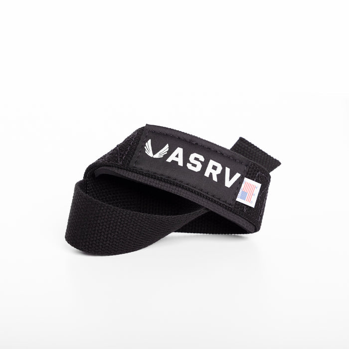 flatlay of black padded lifting straps with ASRV branding, angled view on white background