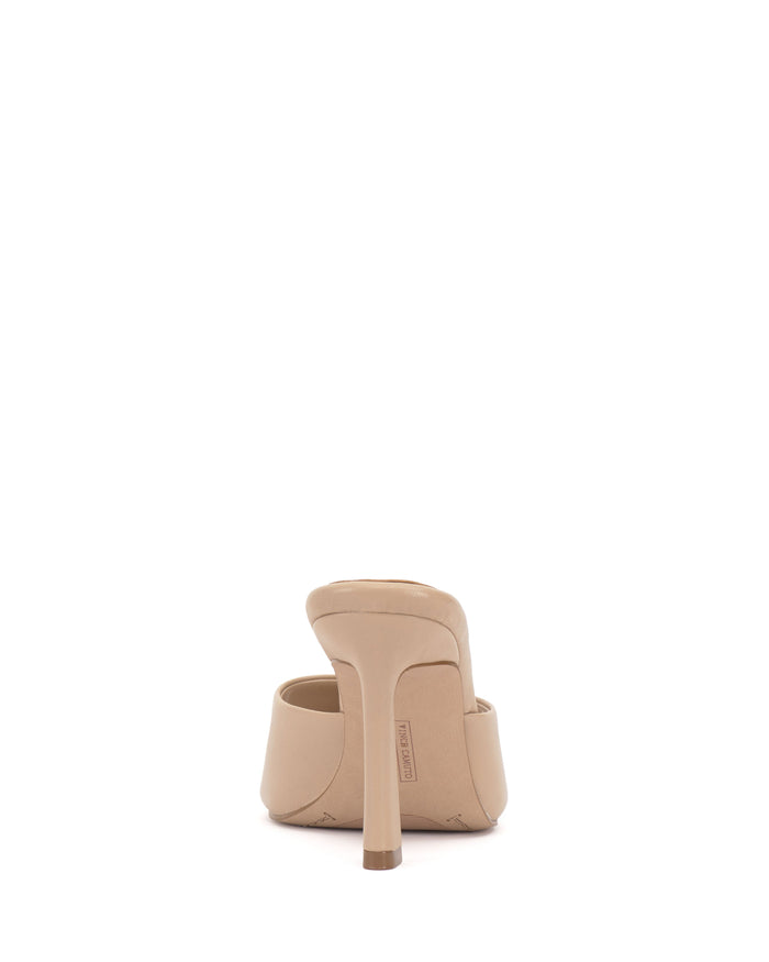 The Vince Camuto Paigely Mule is displayed from the back on a plain white background, emphasizing its flared heel and cushioned pillow footbed.