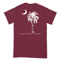 Garnet | Back view of garnet Palmetto Moon t-shirt with white palmetto tree, crescent moon, and “Living the Southern Lifestyle” script.