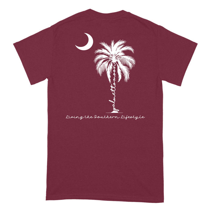 Garnet | Back view of garnet Palmetto Moon t-shirt with white palmetto tree, crescent moon, and “Living the Southern Lifestyle” script.