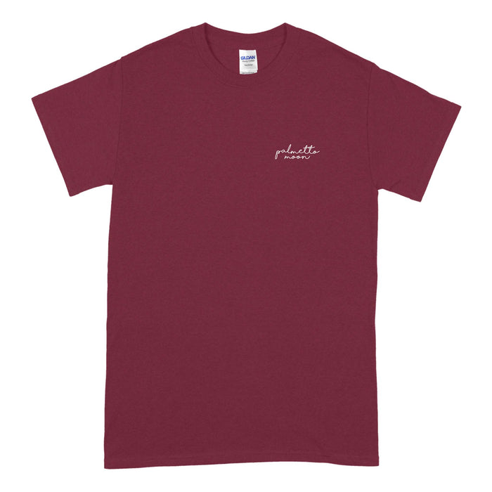 Garnet | Front view of garnet Palmetto Moon t-shirt with small chest logo in white.