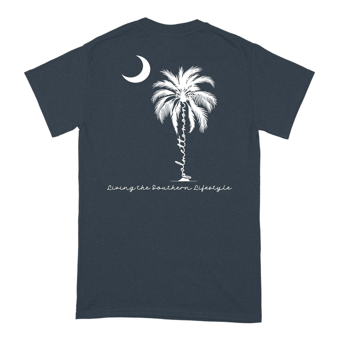 Midnight | Back view of midnight Palmetto Moon t-shirt with white palmetto tree, crescent moon, and “Living the Southern Lifestyle” script.