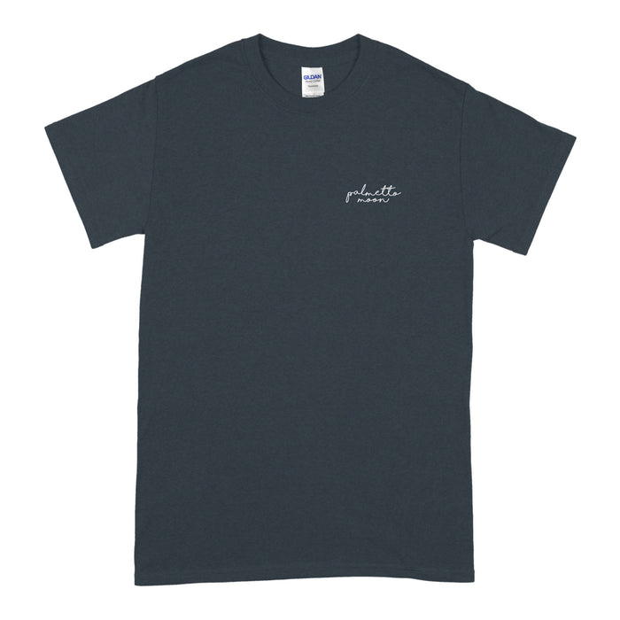 Midnight | Front view of midnight Palmetto Moon t-shirt with small chest logo in white.