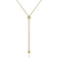 Vince Camuto Pave Slider Bolo Necklace: A gold Y-shaped statement necklace featuring a round, crystal-studded pendant at the center and two dangling chains, each finished with a small matching cubic zirconia charm, displayed on a white background.