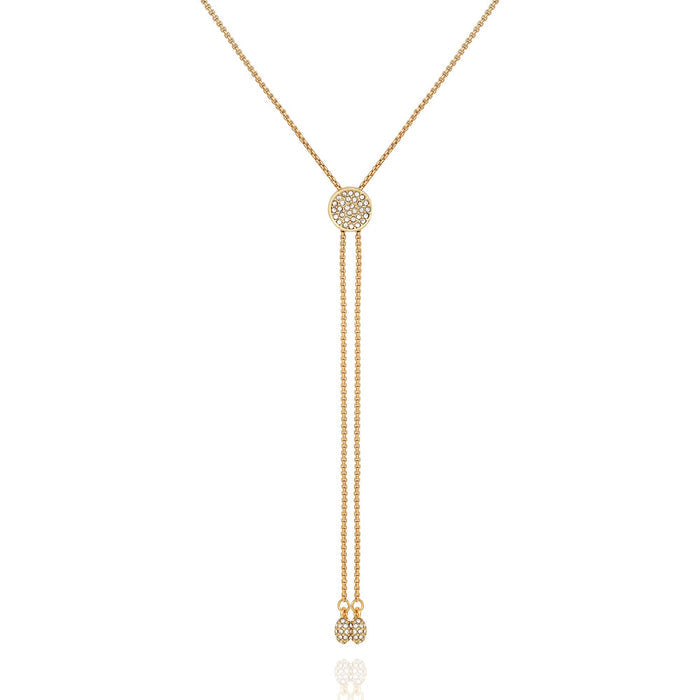 Vince Camuto Pave Slider Bolo Necklace: A gold Y-shaped statement necklace featuring a round, crystal-studded pendant at the center and two dangling chains, each finished with a small matching cubic zirconia charm, displayed on a white background.