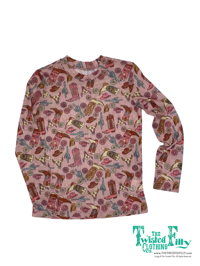 Long sleeve mesh top cowboy boots and cactus pattern on pink background