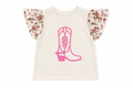 Cream colored cowgirl and pink cactus ruffled sleeve tshirt with pink boot design