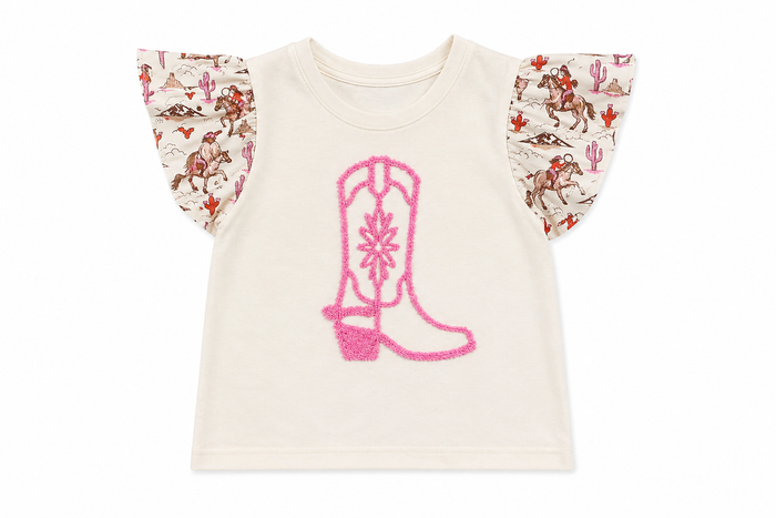 Cream colored cowgirl and pink cactus ruffled sleeve tshirt with pink boot design