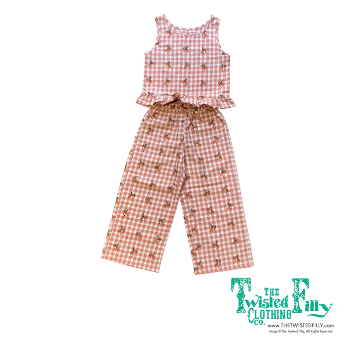 Pink and white checkered outfit with matching top and pants on a white background, branded 'The Twisted Filly'.