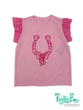 Pink t-shirt with ruffled sleeves and horseshoe design on a white background