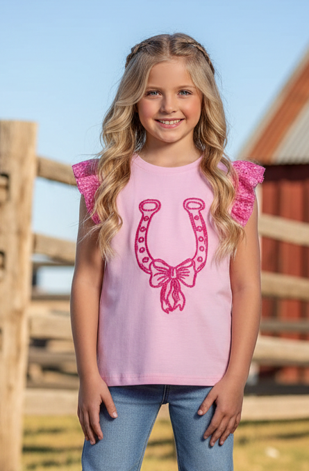 Pink Horse Shoe - Toddler Ruffle Eyelet Tee