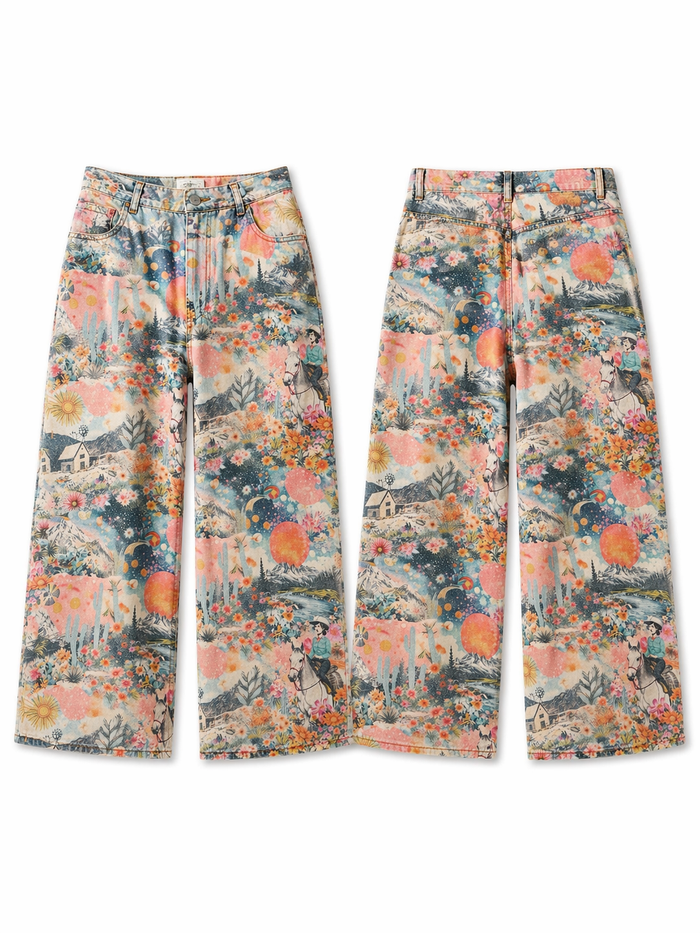 Pink western collage print denim barrel pants front and back view