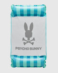 Mens Psycho Bunny Floating Hammock with blue and teal striped inflatable ends and a white mesh center featuring a large black Psycho Bunny skull logo and text.