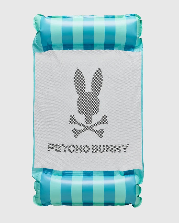 Mens Psycho Bunny Floating Hammock with blue and teal striped inflatable ends and a white mesh center featuring a large black Psycho Bunny skull logo and text.