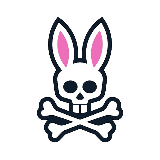 Psycho Bunny Regular Holo Gift Box featuring the iconic white bunny skull logo with pink inner ears and black outlines, crossed bones below, on a clean white background.