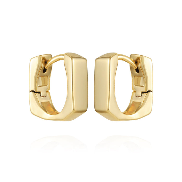 A pair of Rectangle Huggie Hoop Earrings by Vince Camuto, featuring a shiny gold-tone finish and secure hinged clasps, displayed upright on a white background—perfect for those who love the sleek look of small rectangle earrings.