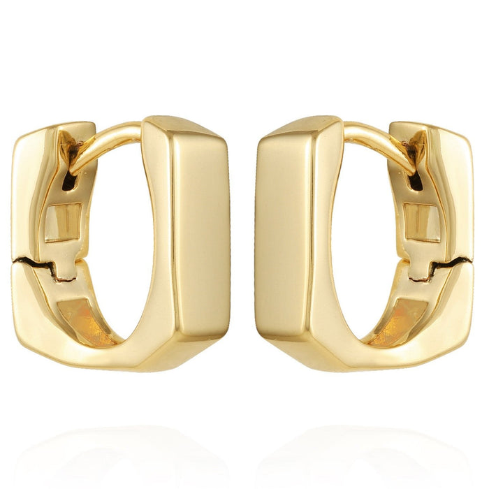 A pair of Vince Camuto Rectangle Huggie Hoop Earrings in a shiny gold-tone finish, featuring a rectangular shape and hinged closure, displayed against a white background.