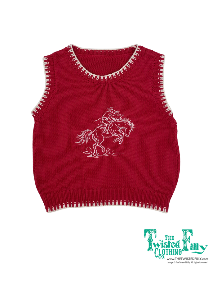 Red knitted sweater vest with white stitching and bucking cowboy detail