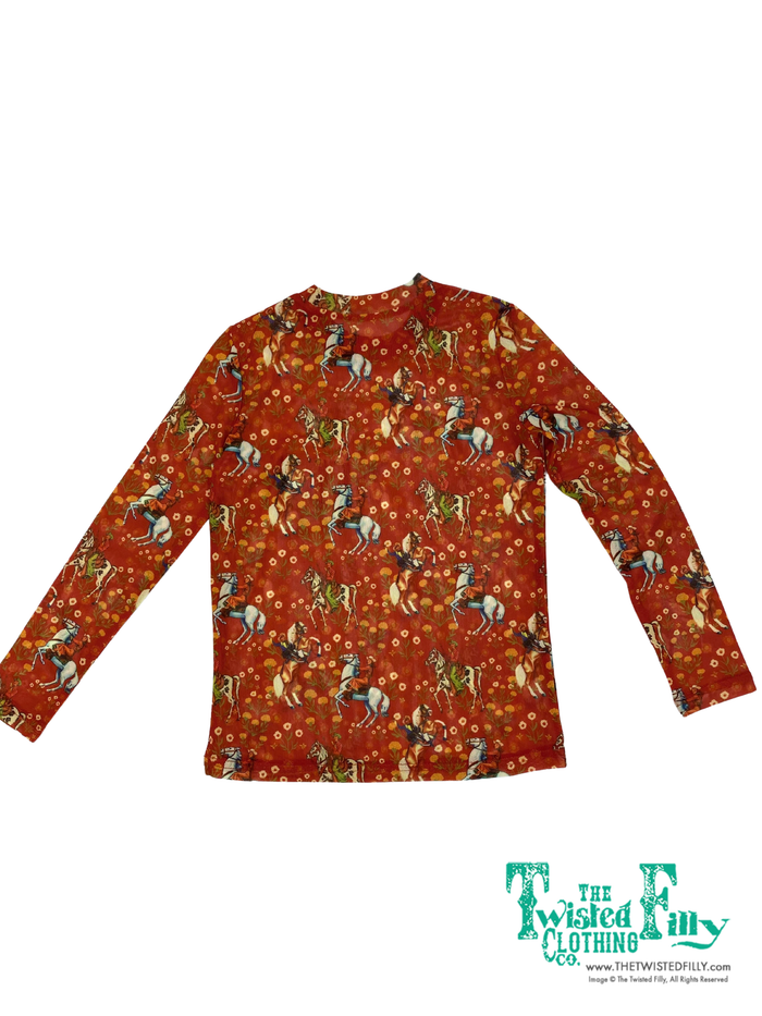 Long sleeve red mesh top with floral cowboy design